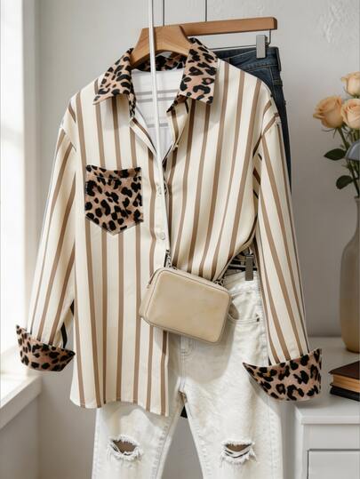 Franclia Women's Plus Size Leopard Print Patchwork Striped Shirt