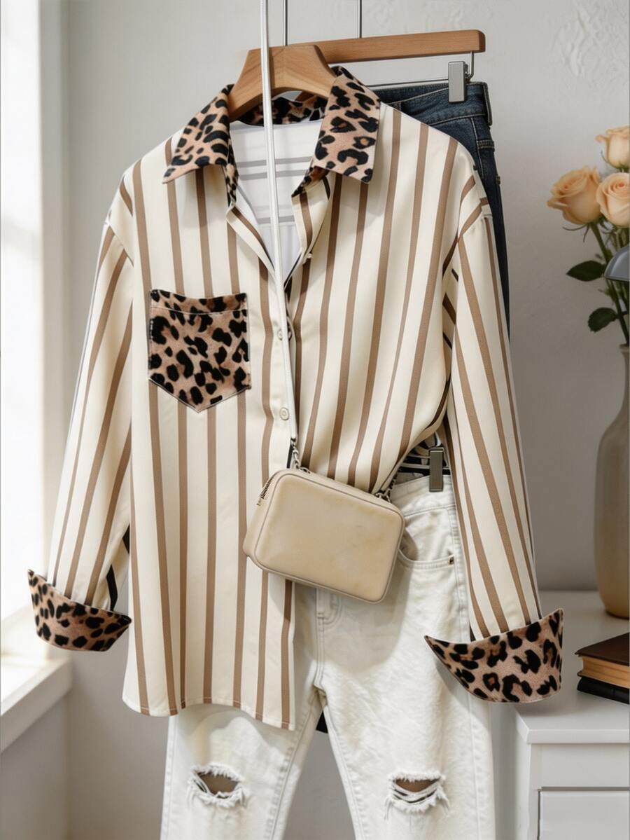 Franclia Women's Plus Size Leopard Print Patchwork Striped Shirt - Multicolor - View 1