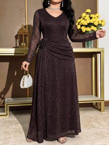 Modelyn Plus Size Women's V-Neck Shiny Casual Party Dress - Coffee Brown - View 3