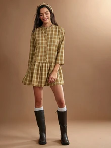 WESTFADE Button Front 3/4 Sleeve Plaid Babydoll Mini Dress & Matching Headscarf, Fall Winter 2026 Western Style Cowgirl Clothing, Rodeo, Female Country Look - Brown - View 5