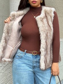Easura Plus Size Round Neck Sleeveless With Pockets Fashion Elegant Street Party Gathering Date Plus Size Women Faux Fur Coat Winter - Camel - View 7