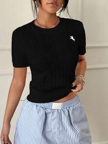 SHEIN Unity Casual Versatile Short Sleeve Knit Top - Black - View 1