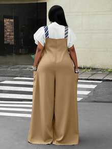 Maweii Plus Size Women's Striped Grommet Buckle 2 In 1 Wide Leg Jumpsuit - Khaki - View 6