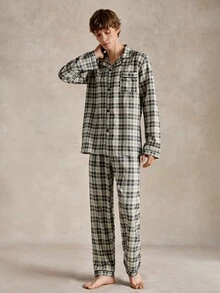 EverLounge Classic Plaid Print Lapel Open Front Men's 2 Pieces Pajama Set - Multicolor - View 2