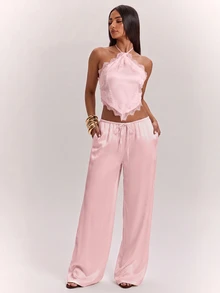 SHEIN BAE Sexy Backless Halter Top And Long Pants Set For Summer - Coral Pink - View 7