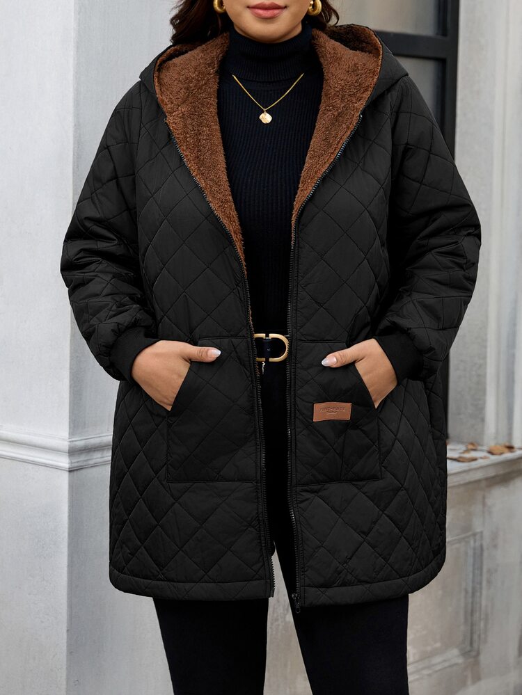Reflora Plus Size Women's Solid Color Thermal Lined Fashionable Versatile Winter Padded Coat Office Family Vacation Black - Mocha Brown - View 3