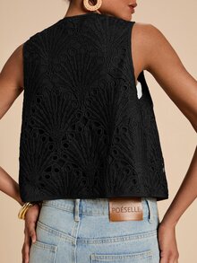 Travachic Vacation Casual Solid Color Water-Soluble Lace Vest - Black - View 2