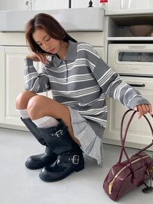 K-Vae Women's Casual Colorblock Striped Sweater, Autumn/Winter - Grey - View 6