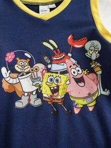 SpongeBob SquarePants | SHEIN رومبير قصير الأكمام 2 في 1 بطبعة كرتونية للأطفال الذكور - الأزرق - مشاهدة 4