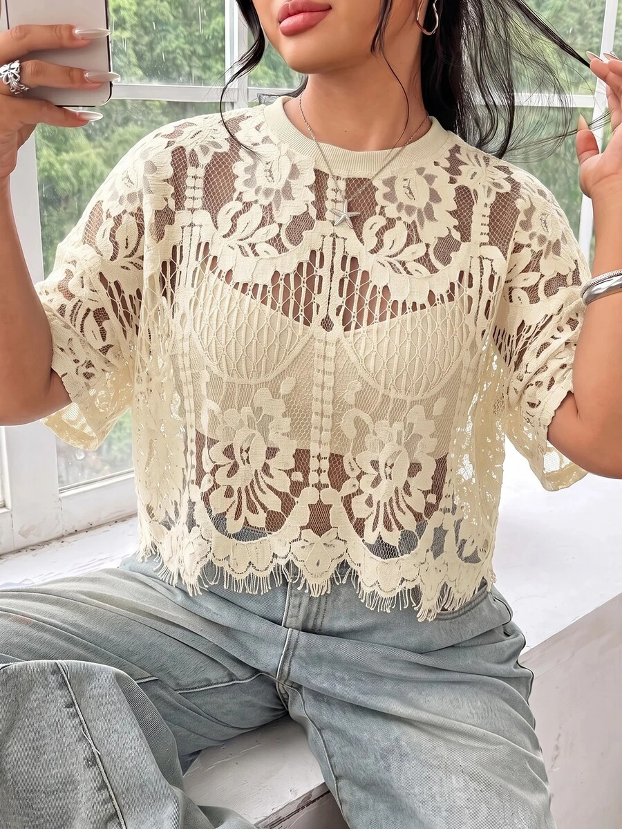 SHEIN EZwear 大尺碼女款蕾絲休閒百搭日常穿著上衣 - 杏色 - 查看 1