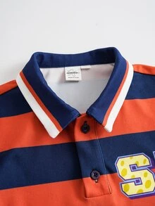SpongeBob SquarePants | SHEIN Young Boy Letter Stripe Print Short Sleeve Casual Polo Collar T-Shirt - Orange - View 3