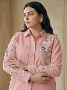 Anewsta Women's Plus Size New Fashion Exquisite Heavy Embroidery Pink Denim Top For Brunch Formal/Casual/Traditional Fall - Pink - View 4