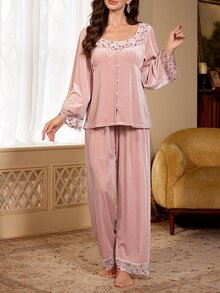 PalaceNights Women's Embroidered Lace Velvet Winter Set - Pink - View 3