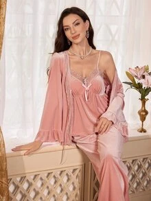 PalaceNights طقم بيجامة نسائي من 3 قطع بأسلوب القصر من المخمل، كاميسول + بنطلون طويل، خريف/شتاء - وردي - مشاهدة 5