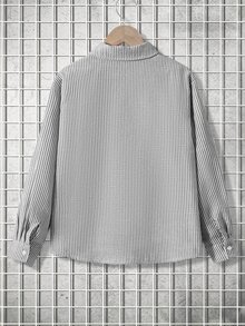 SHEIN 1件兒童青少年男孩黑白條紋單排扣短袖紋理休閒條紋領襯衫，秋冬款，休閒學院風，舒適時尚，簡約實用百搭，可愛柔軟，適合日常穿著、上學、旅行、海邊度假 - 黑色 - 查看 2