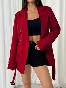 SHEIN EZwear 秋冬雙排扣收腰中長款風衣 - 紅色 - 查看 4