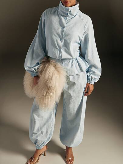 Hauture Slouchy Street Style Korean Milk Blue Stand Collar Elastic Waist Casual Women 2-Piece Set, Loose Waist-Cinching Jacket + Lantern Leg Wide Leg Casual Pants, Slimming & Flattering Versatile Matching Outfit, Suitable For Daily Commute, Outdoor Walking, Vacation Travel, Home Lounging, Dating & Shopping, Campus School, Store Visiting, Short Trips