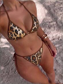 Bonvoyette Women's Sexy Sequin Fabric Halter Bikini Set Suitable For Beach Vacation Party - Brown - View 8
