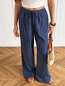 SHEIN Tall Women's Casual Lace-Up Straight Leg Pants, Suitable For Summer Wear - Navy Blue - View 4