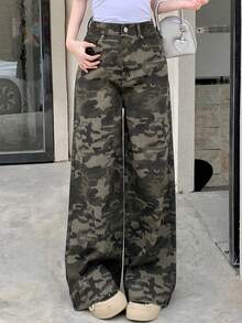 Dazy Tall Women's Camouflage Print Button Street Casual Denim Jeans Summer Everyday Going Out Forest Green - Army Green - View 2