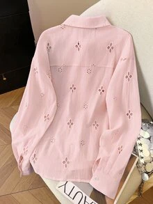 INAWLY 大尺碼女款純色鏤空刺繡單排扣休閒襯衫 - 粉色 - 查看 2