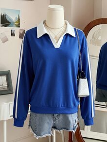 INAWLY Women's Minimalist Striped Contrast Color Long Sleeve Casual Sweatshirt - Blue - View 3