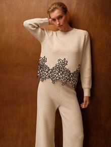 MOTF WOMEN'S AUTUMN/WINTER GUIPURE LACE APPLIQUE TEXTURED FABRIC SWEATER AND WIDE LEG PANTS SET - Apricot - View 6