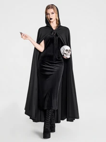 Breakform Halloween Gothic Style Women's Fashion Solid Color Hooded Velvet Lace-Up Open Front Oversized Cape Coat - Black - View 4
