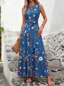 SHEIN Clasi 復古碎花寬腰長洋裝，適合夏季穿著 - 藏蓝色 - 查看 5
