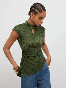 Maija Dark Green Velvet Jacquard Women's Top New Chinese Style Frog Button Short Sleeve Summer Waist-Cinching Slim Fit Elegant Vintage 90s Retro Brunch - Green - View 1