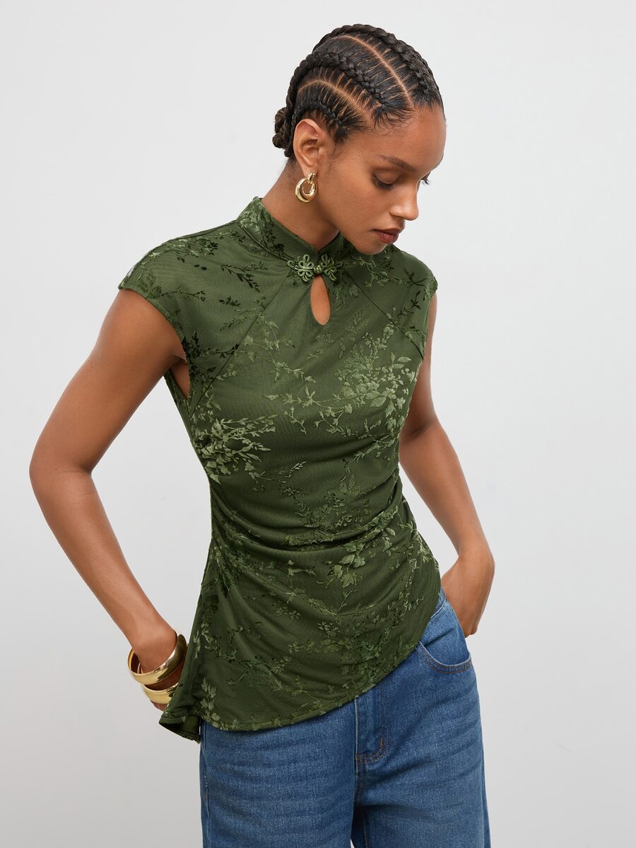 Maija Dark Green Velvet Jacquard Women's Top New Chinese Style Frog Button Short Sleeve Summer Waist-Cinching Slim Fit Elegant Vintage 90s Retro Brunch - Green - View 1