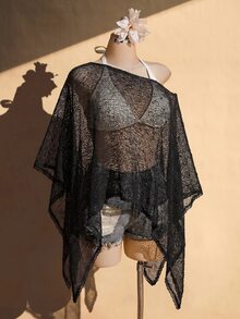 SHEIN ICON 女款大尺碼春夏網紗鏤空杏色上衣 - 黑色 - 查看 3