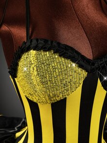 Amplova Women's Yellow & Black Striped Waist-Cinching A-Line Mini Dress - Yellow - View 6