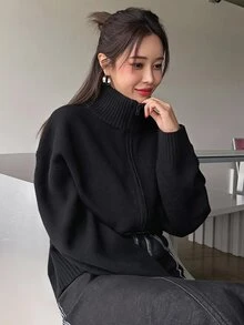 DAZY 女款秋冬拉鍊長袖舒適休閒針織衫 - 黑色 - 查看 6