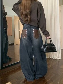 DAZY Celana Jeans Denim Longgar Kasual Wanita dengan Blok Warna untuk Musim Gugur - Grey - View 7