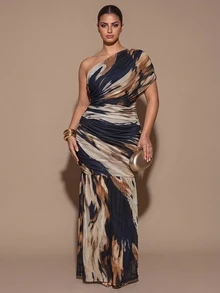 SHEIN BAE CURVE 大尺碼女款紮染花卉長洋裝 - 彩色 - 查看 4