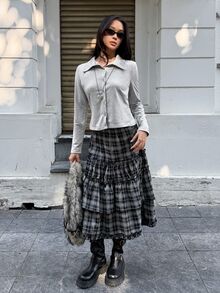 K-Vae Cardigan Rajut Kancing Tunggal Warna Abu-abu Muda dengan Kerah Polo, Potongan Ramping, Panjang Pendek, Lengan Panjang, Atasan Serbaguna untuk Komuter di Musim Semi/Gugur yang Memberikan Efek Melangsingkan. - Grey - View 3