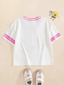 SpongeBob SquarePants | SHEIN Young Girl V-Neck Short Sleeve Casual Versatile T-Shirt - White - View 2