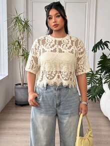 SHEIN EZwear 大尺碼女款蕾絲休閒百搭日常穿著上衣 - 杏色 - 查看 4