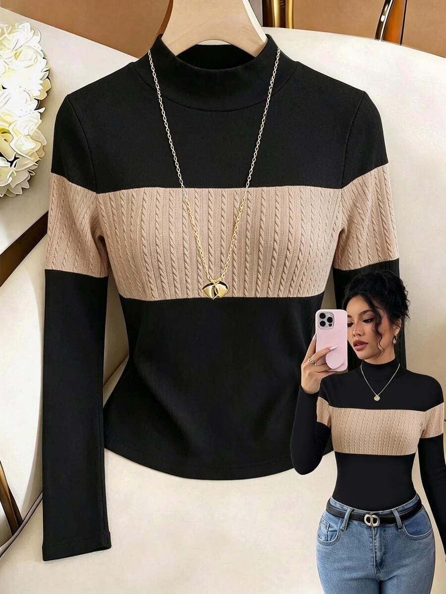 SHEIN Raffinéa تي شيرت نسائي أنيق كاجوال ريترو للتنقل بتصميم كتل لونية وأكمام طويلة محبوكة، توب أساسي قصير بقصة ضيقة للخريف، مناسب للارتداء كطبقة علوية وللخروجات للنساء