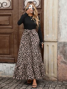 Brillora Women's Round Neck Long Sleeve Patchwork Leopard Print Ruffle Hem Elegant Dress, Winter Dress, Going Out,Black And Leopard Print Patchwork,Fall/Winter - Multicolor - View 1