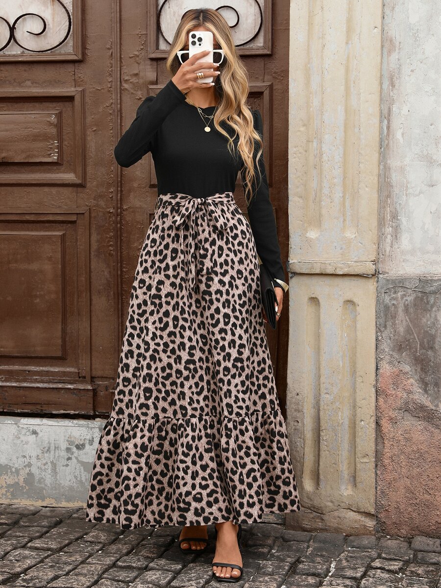 Brillora Women's Round Neck Long Sleeve Patchwork Leopard Print Ruffle Hem Elegant Dress, Winter Dress, Going Out,Black And Leopard Print Patchwork,Fall/Winter - Multicolor - View 1
