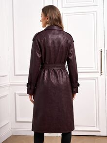 SHEIN Clasi Angola Red PU Leather Long Trench Coat - Burgundy - View 6