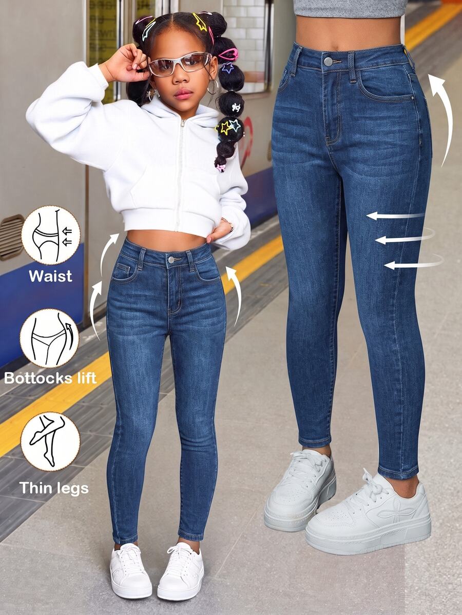 SHEIN Celana Jeans Skinny Denim Biru Stretch untuk Anak Perempuan - Medium Wash - View 1