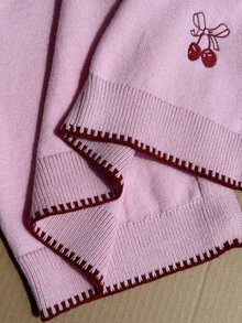 少女櫻桃刺繡長袖單排扣針織開襟衫 - 粉色 - 查看 6