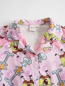 SpongeBob SquarePants | SHEIN 女童卡通印花短袖上衣與短褲居家休閒套裝 - 彩色 - 查看 3