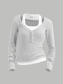 SHEIN Camiseta de manga larga gris con patchwork y acanalado para niña preadolescente - Gris - Ver 6