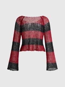 ROMWE Goth Y2K Dark Style Red & Black Striped Hollow Knit Long Sleeve Cropped Top - Black - View 2