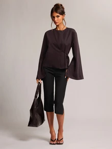 SHEIN BAE Jaket Lengan Panjang Wanita Warna Polos Kasual Elegan Serbaguna untuk Sehari-hari, Kantor, Cokelat Tua, Musim Gugur - Red Violet - View 4