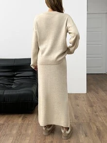 SHEIN Women Asymmetrical Cut High Neck Sweater And Maxi Knit Sweater Kirt 2pcs Set Co-Ords - Beige - View 2